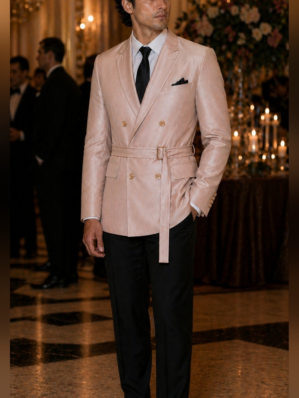 ASOS DESIGN Metallic Blush Double-Breasted Belted Suit Jacket Men Size 40 Long